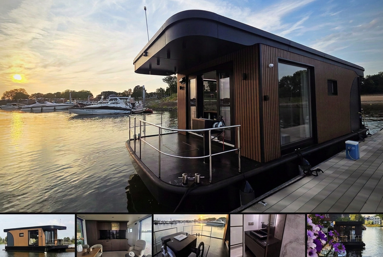 Exclusieve houseyacht aan de steiger bij zonsondergang